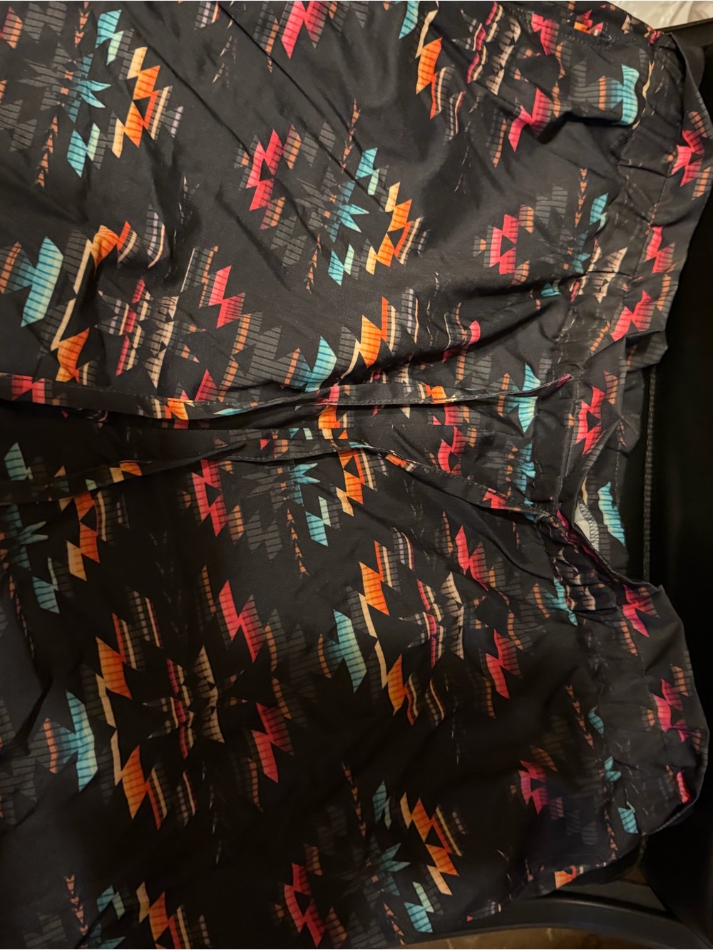 Crazy Train Black Shorts with Orange, Teal, and Pink Aztec Print